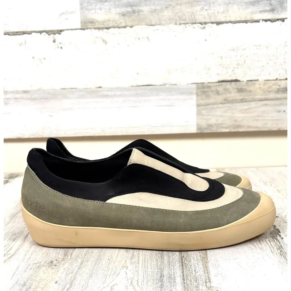 Arche Womens 8.5 Black Green Multi Suede Leather Platform Slip On Sneakers
